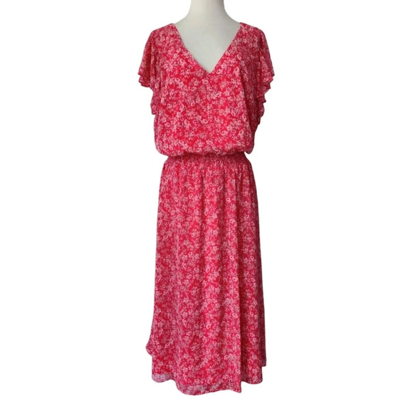 MSK Floral Smocked Midi Dress Plus Size 2X Chiffon Pink Pullover Flutter Sleeve - Picture 1 of 15